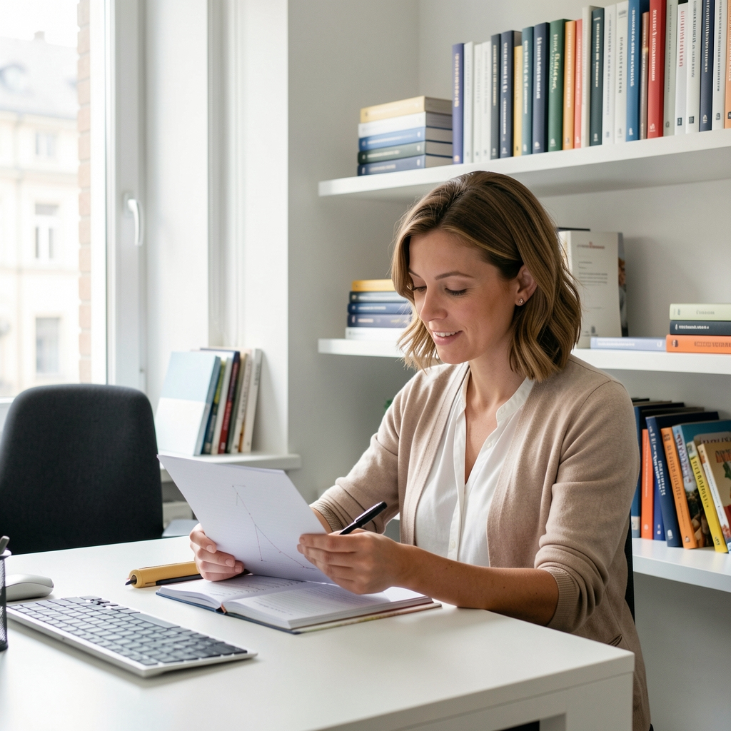 Nutritional specialist reviewing research notes at a modern Vienna workspace with natural daylight and stacked reference volumes on a clean white shelf