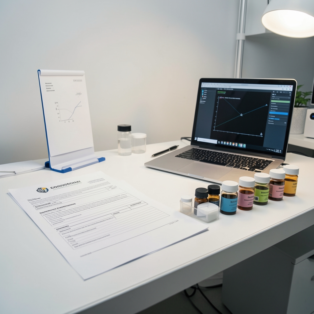 Quality-control review in progress at a clean workspace with printed sourcing documents, a laptop, and a row of ingredient sample vials under studio lighting