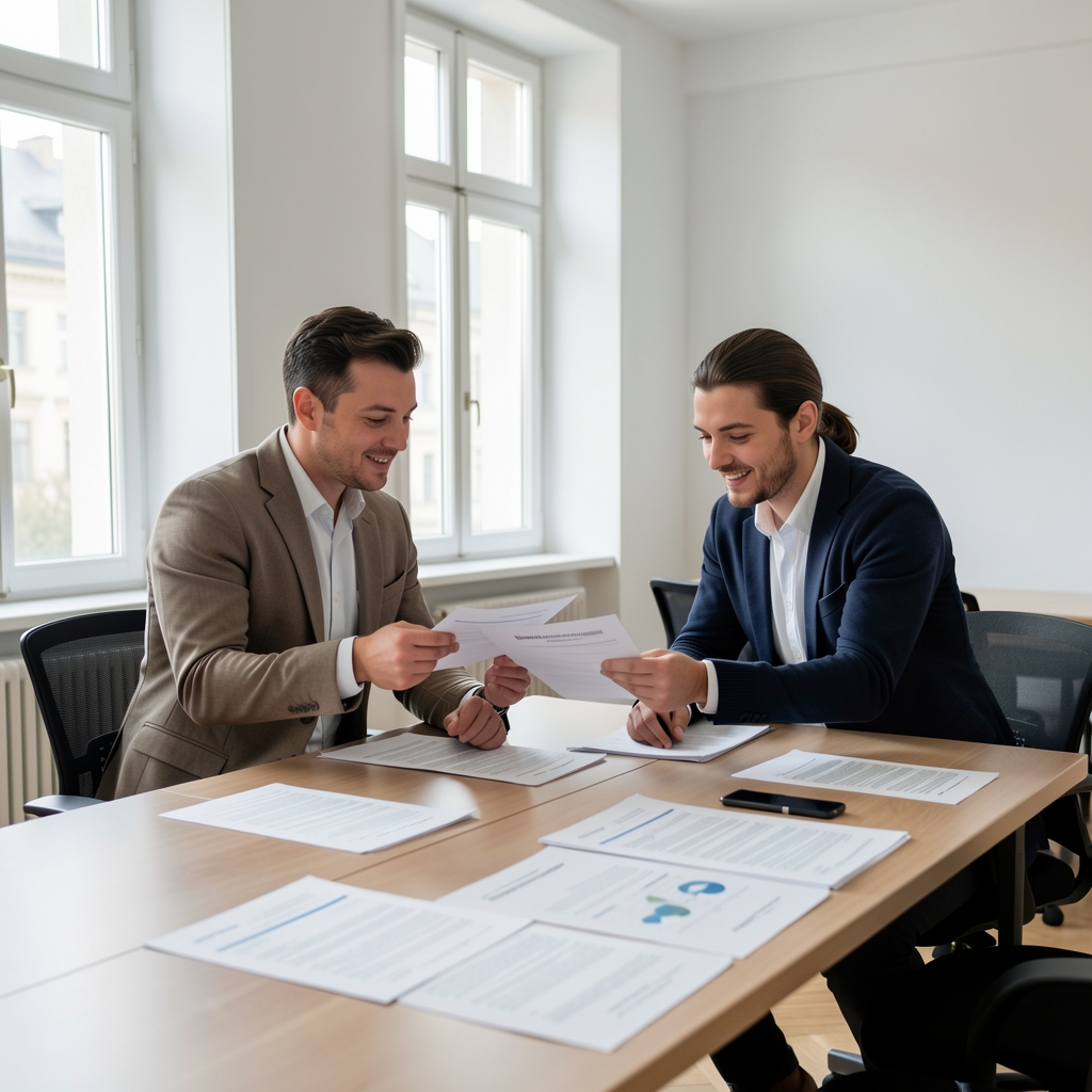 Two supplement researchers comparing batch verification documentation in a well-lit Vienna office with tall windows and white walls, documents spread across a wide table