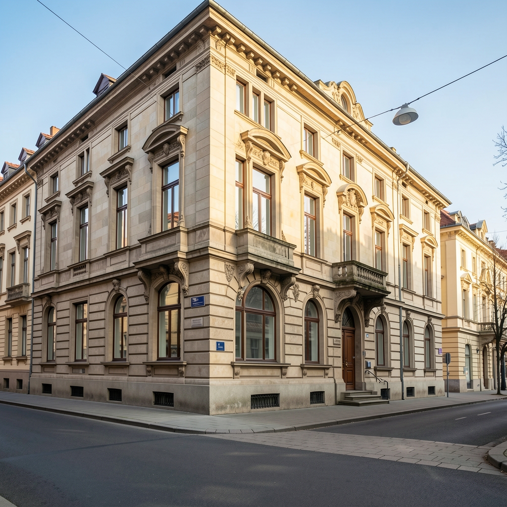 Exterior view of a classic Viennese Gründerzeit building on a quiet street in the 8th district on a bright morning, ornate stone facade and large windows