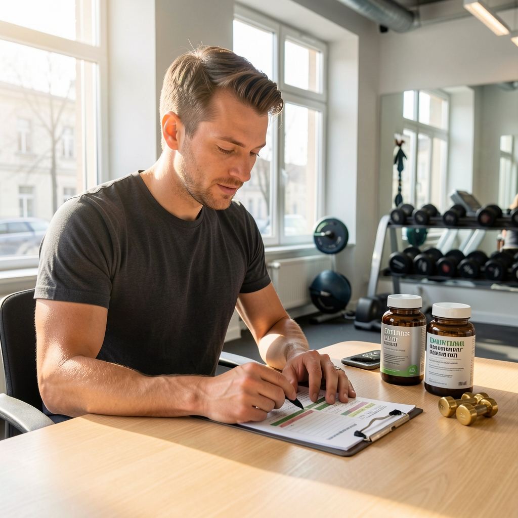 Active man reviewing a daily supplement schedule on a clean wooden desk with natural morning light, Vienna fitness studio environment