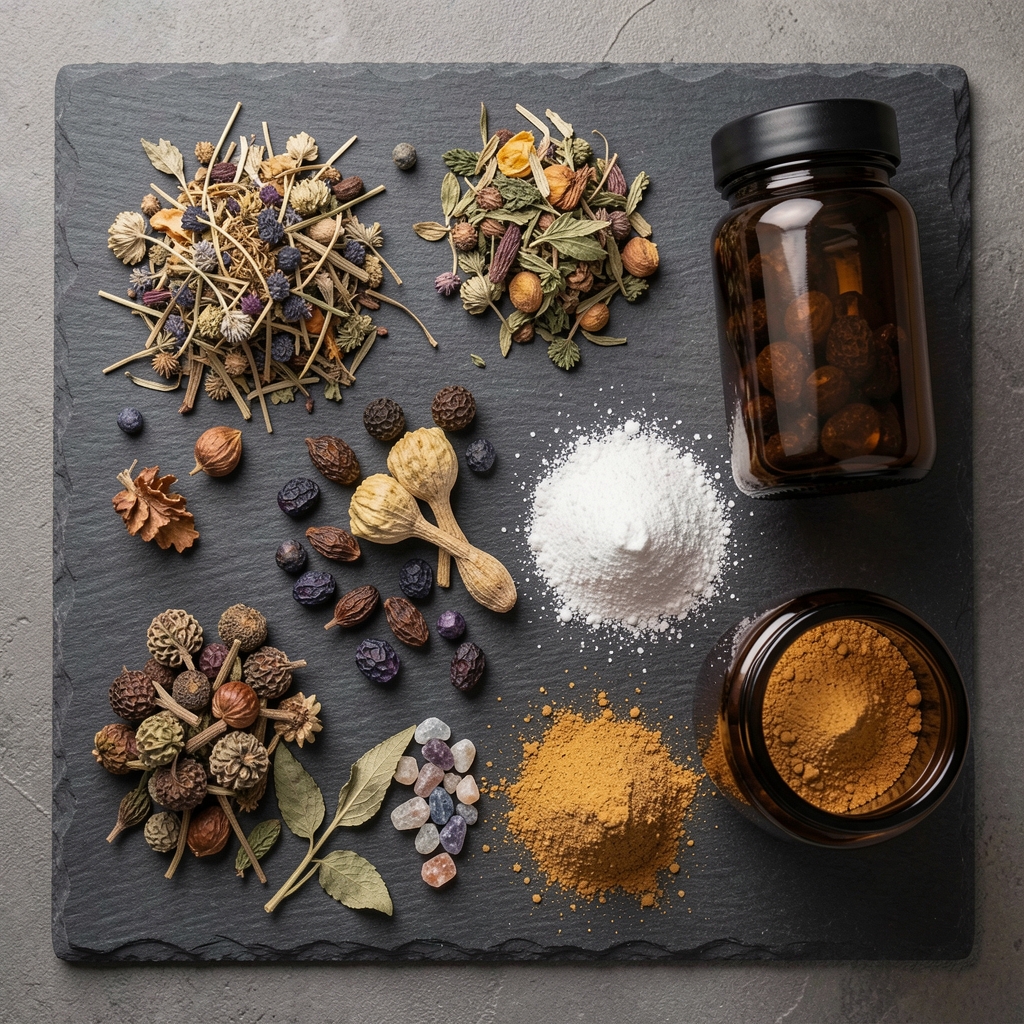 Flat lay of whole-food supplement ingredients including dried botanicals, ground minerals, and brown glass jars arranged on a slate surface under studio lighting