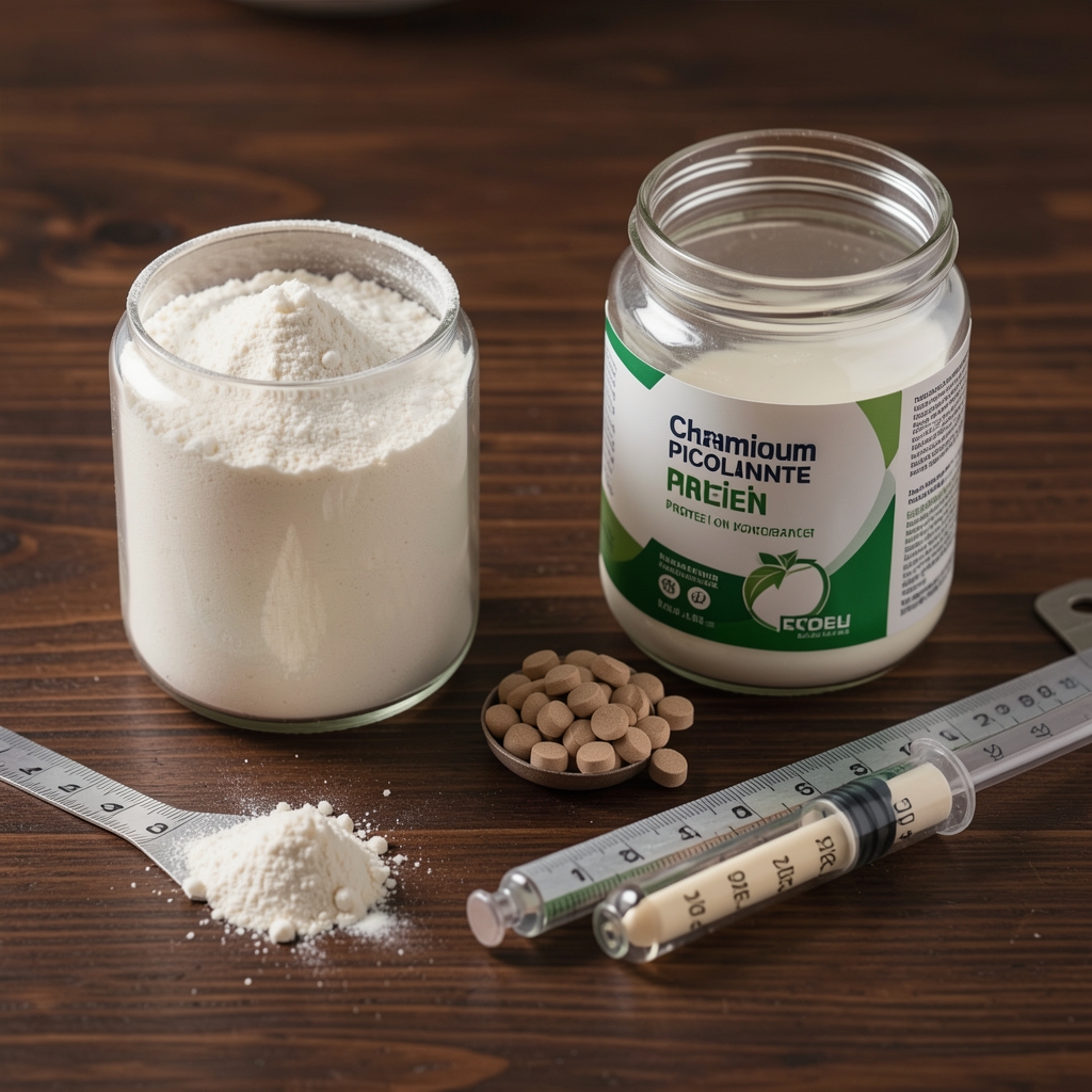Tamrelo Lean Body Support composition featuring plant-based protein concentrate and chromium picolinate sources on a dark wooden surface with measuring tools