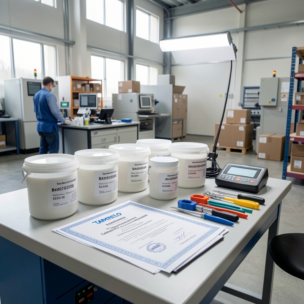 Quality-control workbench at the Tamrelo supply partner facility with batch-coded containers, composition certificates, and verification tools under studio lighting
